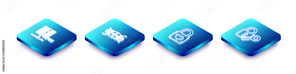 Aufkleber set isometric line server vpn, with microchip circuit, padlock heart and lock and key icon. vector