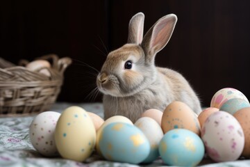 Fototapeta na wymiar Cute Rabbit and Colored Easter Eggs