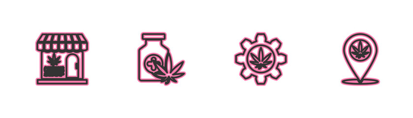 Set line Marijuana and cannabis store, Test tube with marijuana, Medical bottle and Location icon. Vector