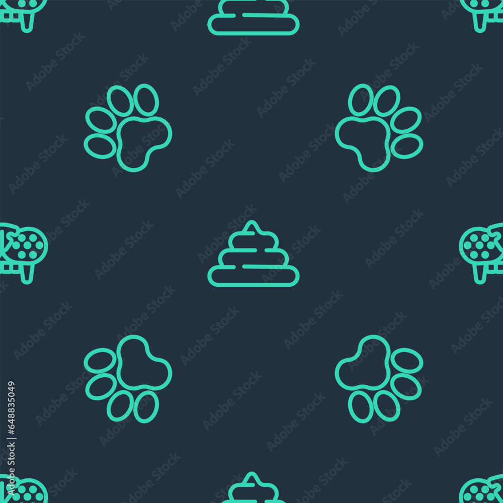 Poster set line shit, paw print and cat tooth on seamless pattern. vector