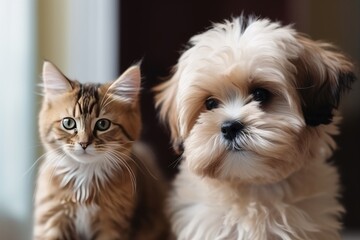 Portrait of very cute kitty and puppy side by side, AI generated