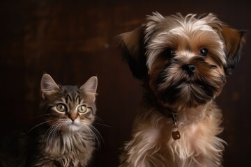 Portrait of very cute kitty and puppy side by side, AI generated