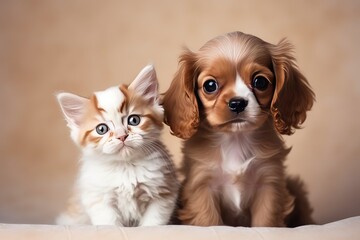 Obraz premium Portrait of very cute kitty and puppy side by side, AI generated