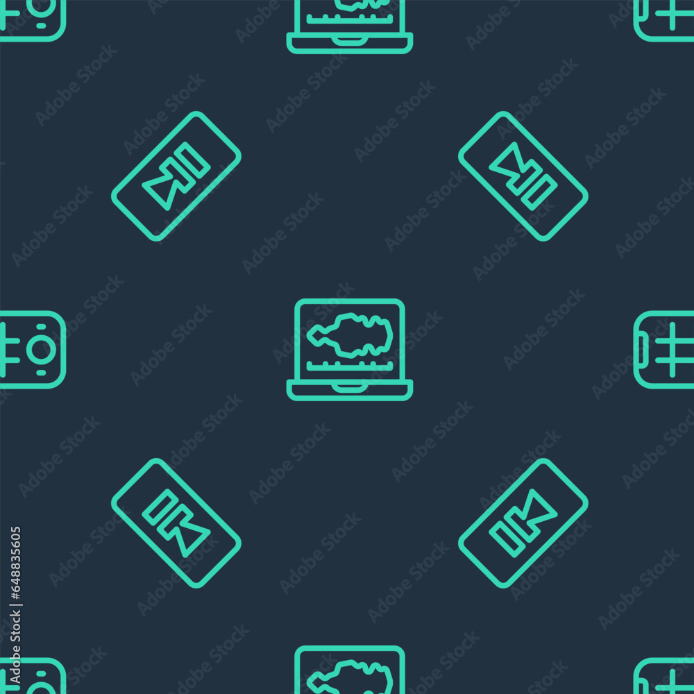 Poster set line sound or audio recorder, pause button and selfie mobile on seamless pattern. vector