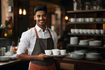 Young indian man in apron standing with tray of cups smiling looking at camera in cafe - obrazy, fototapety, plakaty