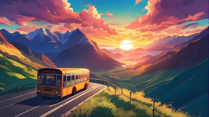 Bus running in the mountains during sunset.