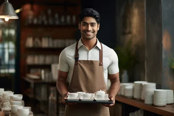 Foto op Canvas Young indian man in apron standing with tray of cups smiling looking at camera in cafe © alisaaa