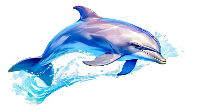 cartoon dolphin jumping above the water surface, white background