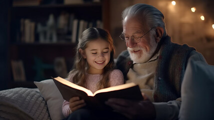 Cute little girl granddaughter reading book with positive senior grandfather.generative ai