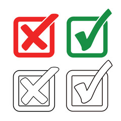 Green tick and red cross. Tick ​​and cross icon. True or false. Yes and no. Green tick and red cross lines