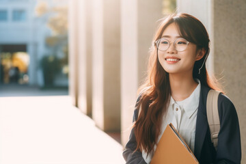 Young beautiful Asian high school girl or college student wearing eyeglasses, smiling in university campus with copy space, Education, geek or nerd people concept - obrazy, fototapety, plakaty