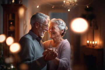 Romantic senior family couple wife and husband dancing to music together in living room.generative ai