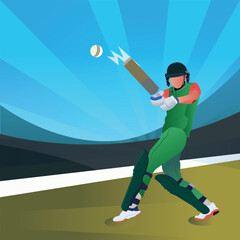 Illustration of a batsman playing cricket on the field in a colorful background.