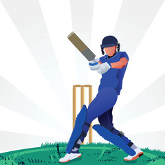 Illustration of a batsman playing cricket on the field in a colorful background.