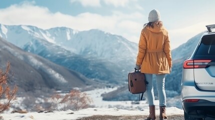 Lady travel investigating getting a charge out of the see of the mountains scene way of life concept winter excursion outside Female with portable phone standing close the car in sunny day