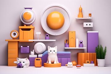 Yellow and purple  house for kitty in  3d style, generate AI.
