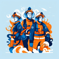 vector illustration, flat design, flat illustration, firefighters for rescue people, orange white blue generative ai