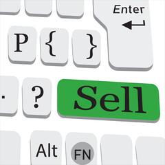 Sell key.The hand presses the button to buy online vector icon on white isolated background.