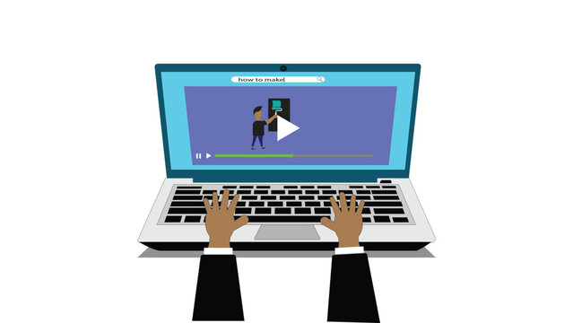 Hands of cartoon typing on laptop in the office. vector design.
