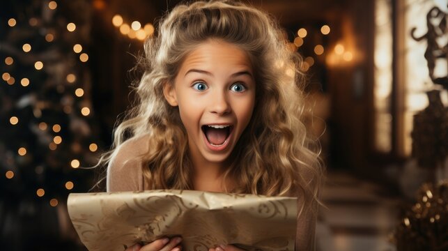 Portrait of a blonde hair girl surprising while received the Christmas gift.