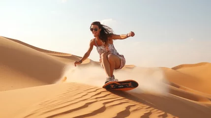 Fotobehang Abu Dhabi Leave safari close Dubai UAE Youthful lady sand boarding within the leave over the sand rises