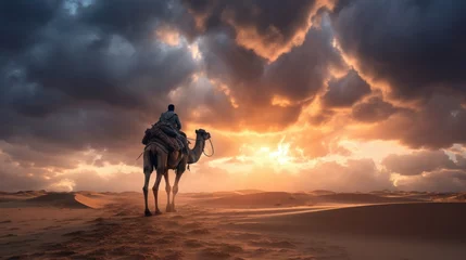 Rolgordijnen Leave man with camel and incredible sky settings © Shabnam