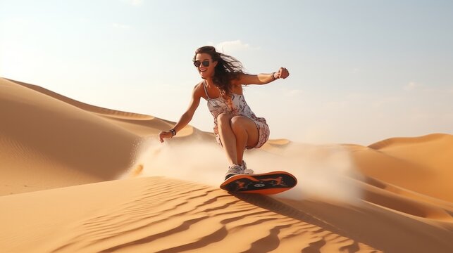 Leave safari close Dubai UAE Youthful lady sand boarding within the leave over the sand rises