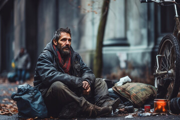homeless man sitting on sidewalk in the city - obrazy, fototapety, plakaty