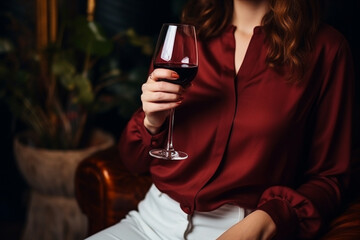 Woman drinks mulled wine in coffee shop, Stylish girl in a white shirt and a maroon varnish on the nails holding a glass of alcohol, red wine in restaurant, cafe