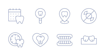 Dental icons. Editable stroke. Containing appointment, check up, clock, dental care, dentist, dentures, no sweets, teeth.