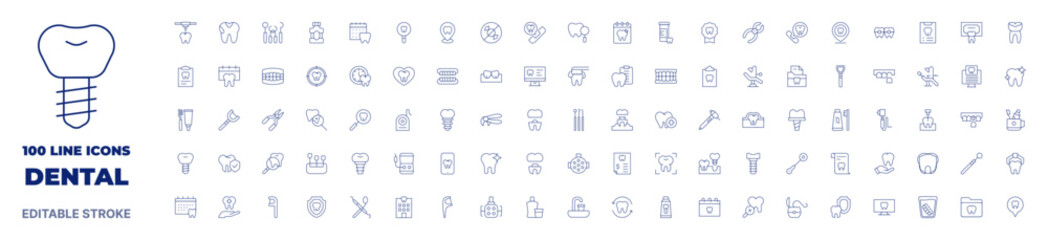 100 icons Dental collection. Thin line icon. Editable stroke. Dental icons for web and mobile app.