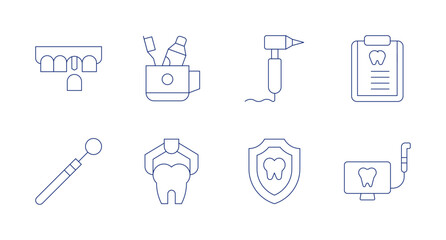 Dental icons. Editable stroke. Containing dental drill, dental insurance, file, implant, intraoral camera, mirror, removal, toothbrush.