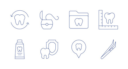 Dental icons. Editable stroke. Containing dental floss, dental insurance, folder, location, tooth, toothpaste, tweezers.