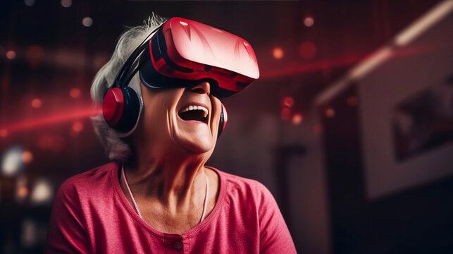 copy space, Funny photo of a senior enjoying interactive technology, engrossed in gaming excitement, displaying youthful vigor, bridging generational gap through digital entertainment - Powered by Adobe