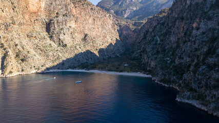 Drone view of The Butterfly Valley at sunset in Oludeniz Fethiye Turkey