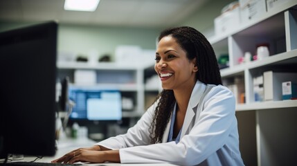A joyful medical professional sits at a desk, smiling at the computer screen. The low angle captures the bright and cheerful emotions in a warmly lit office. 
