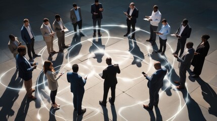 Diverse group of people in a circle, holding smartphones, connected through digital lines. Wide-angle, natural lighting, neutral colors. Global unity through technology and communication.
