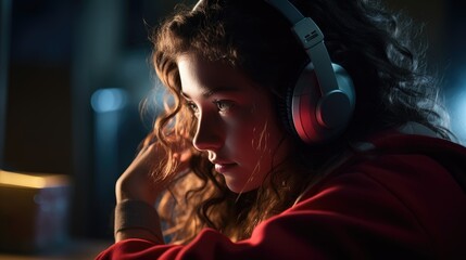 Close-up of a woman intensely focused on a laptop screen, wearing headphones. Dramatic lighting, strong shadows, and vibrant tones create an intense cinematic experience.