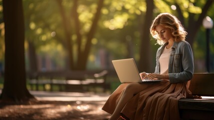 Woman peacefully using a laptop on a park bench, surrounded by nature. Technology and nature harmoniously merge as she works and browses online.