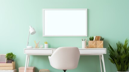 Cozy home office with bright, soft lighting, pastel tones with a blank canvas on the wall. Ideal for work-life balance and remote work.