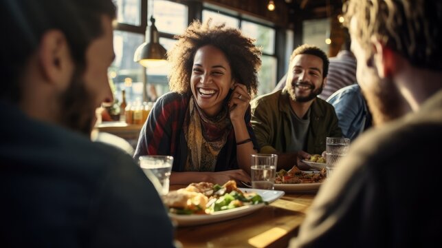 A diverse group of friends enjoying a cozy meal at a warm and inviting cafe. Smiles, laughter, and conversation.