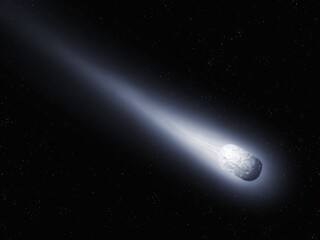 Celestial body isolated. The long tail of a comet in the starry sky. Comet nucleus in space.