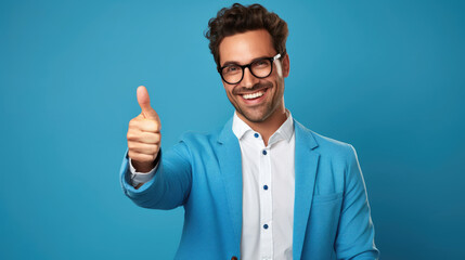 Cheerful young man in glasses giving thumbs up in studio with blue background.
