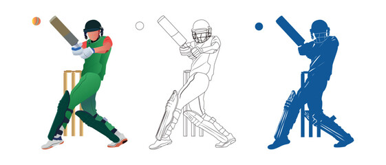 Set of a batsman playing cricket on the field illustration, line art, and silhouette.
