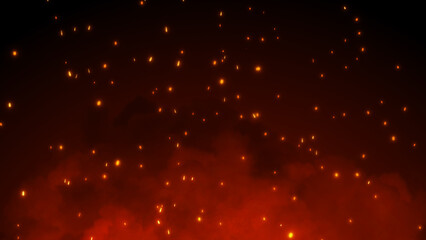 3D Burning embers glowing. Fire Glowing Particles on Black Background. 3d illustration