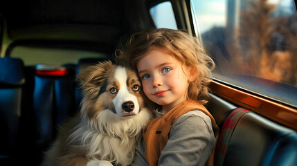 portrait in the car of a beautiful girl with her dog