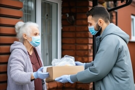 volunteer in mask gives woman boxes of groceries