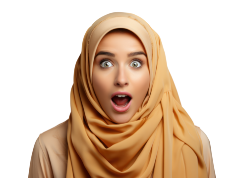 Close up shocked Arabian Muslim woman wearing headscarf with her mouth wide open
