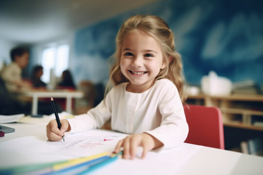 Smiling young girl sitting at the desk and painting with a felt tip pen on white paper
