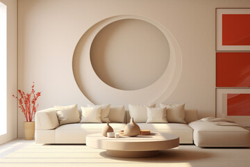 Minimalist home interior design of modern living room with white furniture with a round window, in the style of light brown and light bronze. Curved sofa near beige wall with copy space